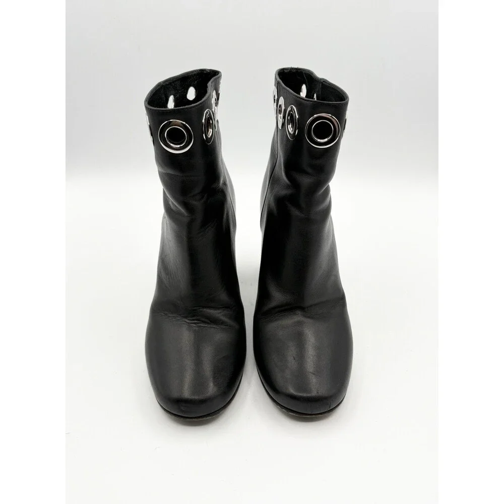 Prada Black Leather Block Heel Ankle Boots Silver Grommet Accent Sz EU 36
